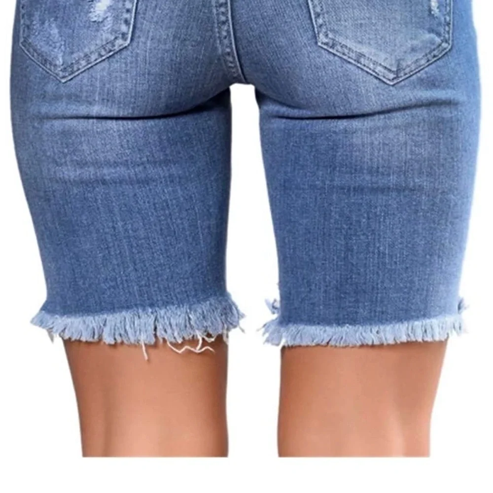 Destroyed Ripped Blue Jean Shorts – Size 8 (Fits 8–10)